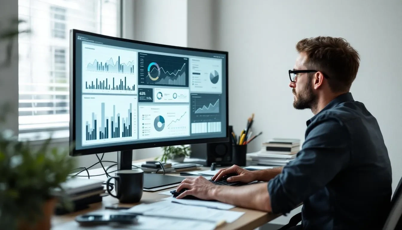 A person is focused on analyzing various charts and graphs displayed on a computer screen, likely to understand data trends relevant to job market analysis or resume writing strategies. This analytical task may involve identifying keywords and relevant skills to optimize job applications for applicant tracking systems and impress hiring managers.